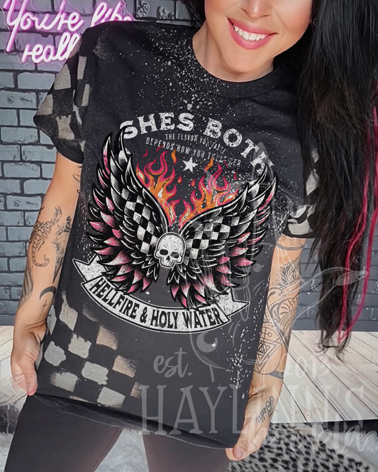 She's Both Hellfire and Holy Water [acid washed] Tee