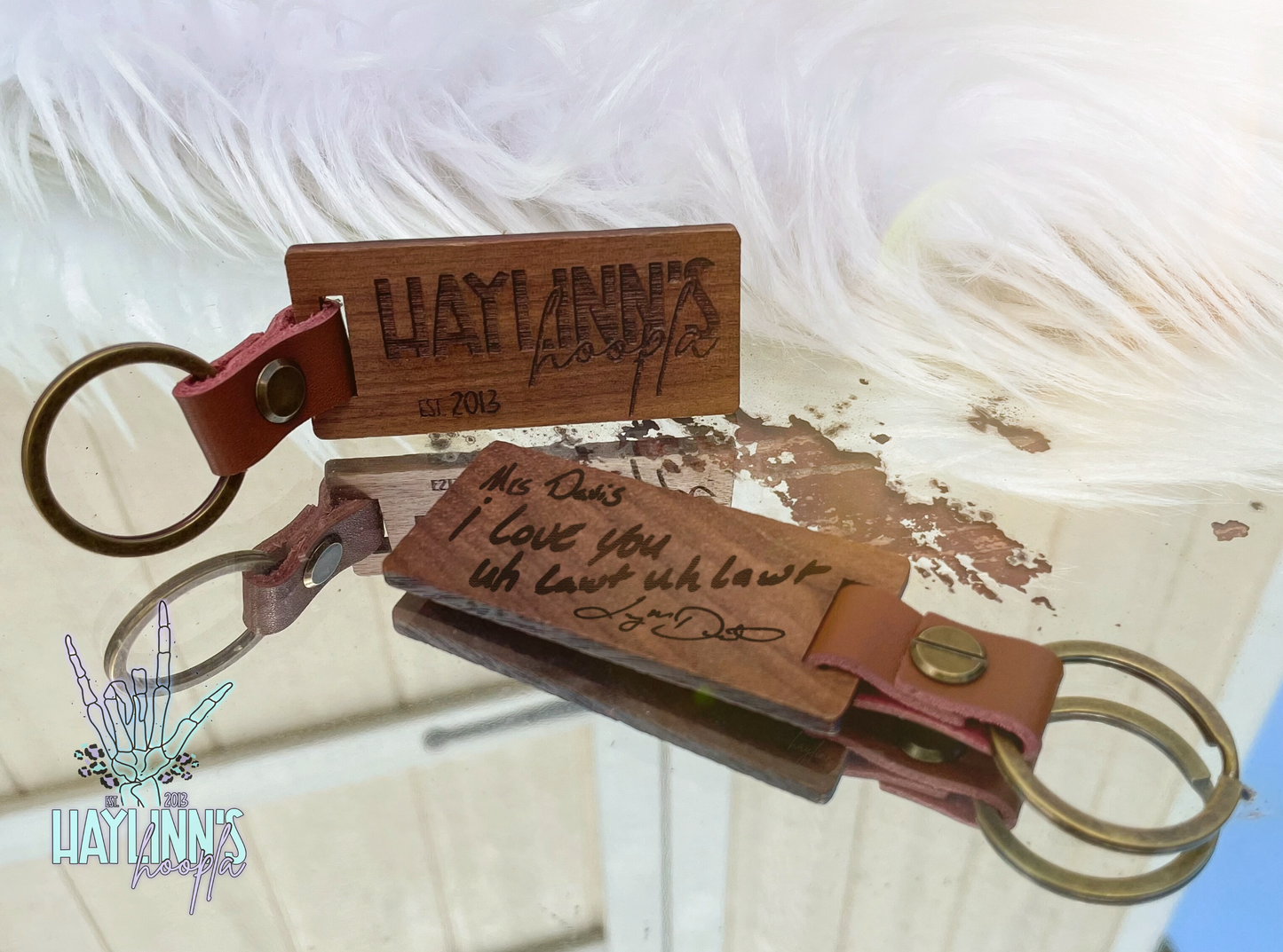 Your Own Handwriting Wooden Keychain {leather accent}