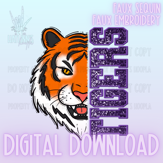 Trendy Faux Sequin/Embroidered TIGERS Mascot DIGITAL DESIGN {orange/purple}