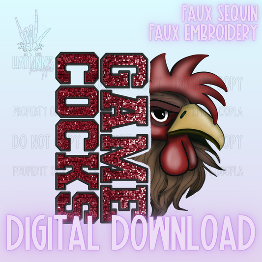 Trendy Faux Sequin/Embroidered ROOSTER Mascot DIGITAL DESIGN {garnet/black}