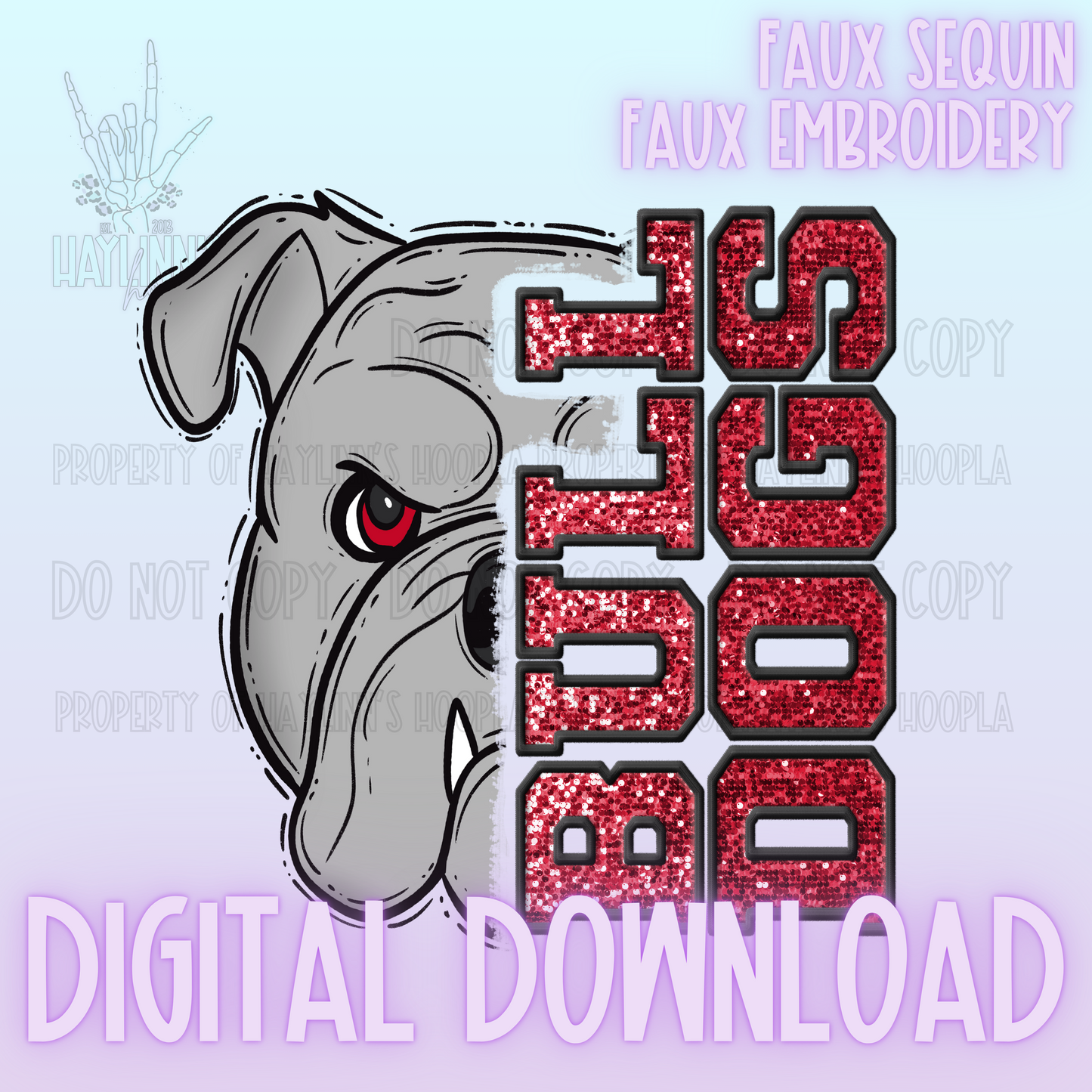 Trendy Faux Sequin/Embroidered BULLDOG Mascot DIGITAL DESIGN {red/black}