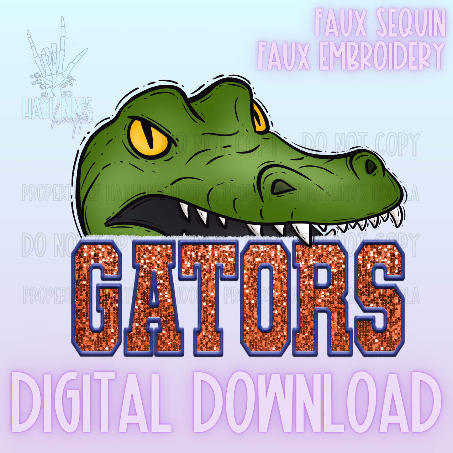 Trendy Faux Sequin/Embroidered GATOR Mascot DIGITAL DESIGN {blue/orange}