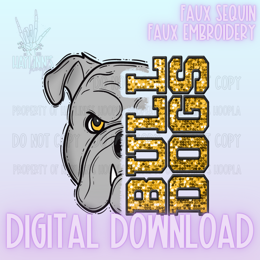 Trendy Faux Sequin/Embroidered BULLDOG Mascot DIGITAL DESIGN {gold/black}
