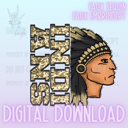 Trendy Faux Sequin/Embroidered INDIAN Mascot DIGITAL DESIGN {gold/black}