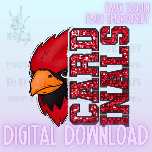 Trendy Faux Sequin/Embroidered CARDINALS Mascot DIGITAL DESIGN {red/black}
