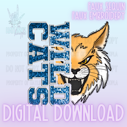 Trendy Faux Sequin/Embroidered WILDCATS Mascot DIGITAL DESIGN {blue/white}