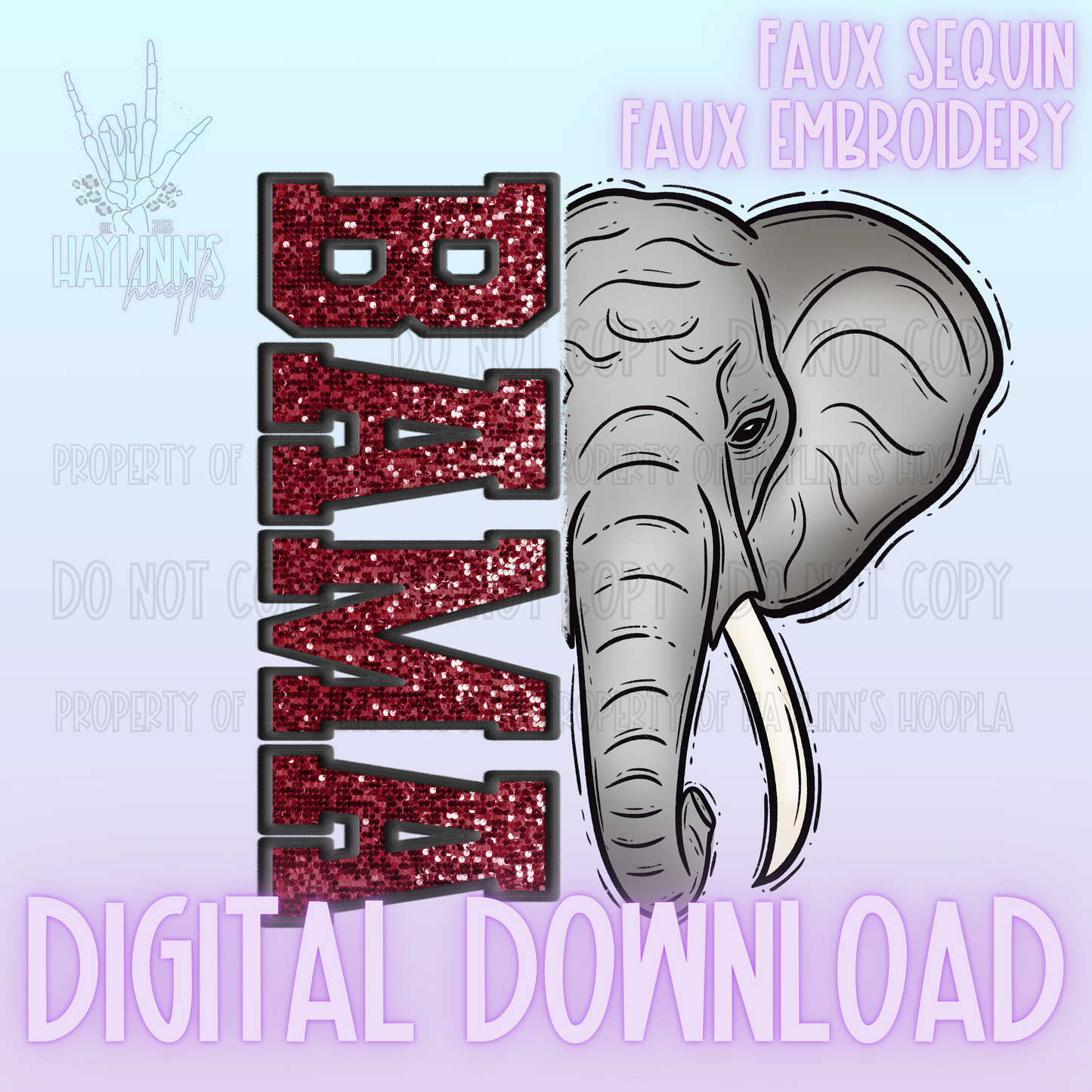 Trendy Faux Sequin/Embroidered ELEPHANT Mascot DIGITAL DESIGN {crimson/black}