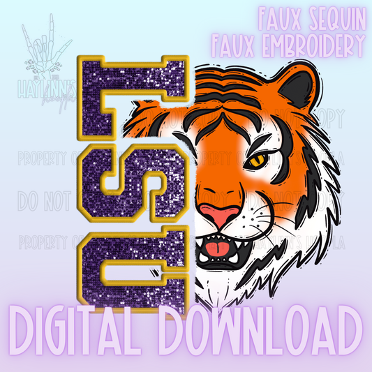 Trendy Faux Sequin/Embroidered TIGER Mascot DIGITAL DESIGN {purple/gold}