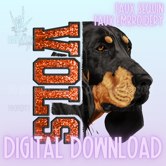 Trendy Faux Sequin/Embroidered HOUND DOG Mascot DIGITAL DESIGN {orange/black}