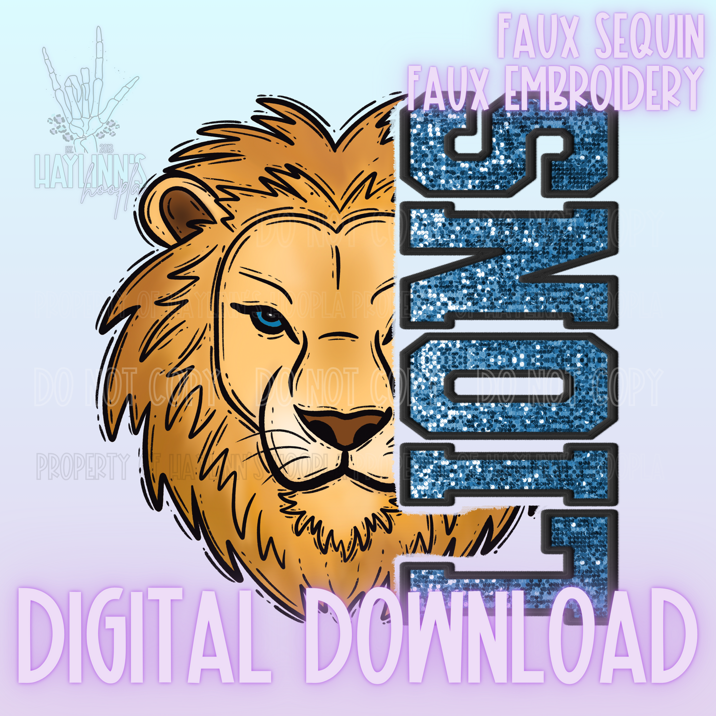 Trendy Faux Sequin/Embroidered LIONS Mascot DIGITAL DESIGN {blue/black}