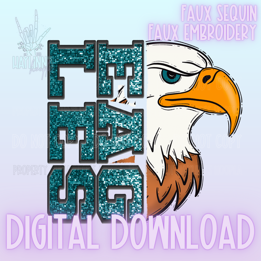 Trendy Faux Sequin/Embroidered EAGLES Mascot DIGITAL DESIGN {teal/black}