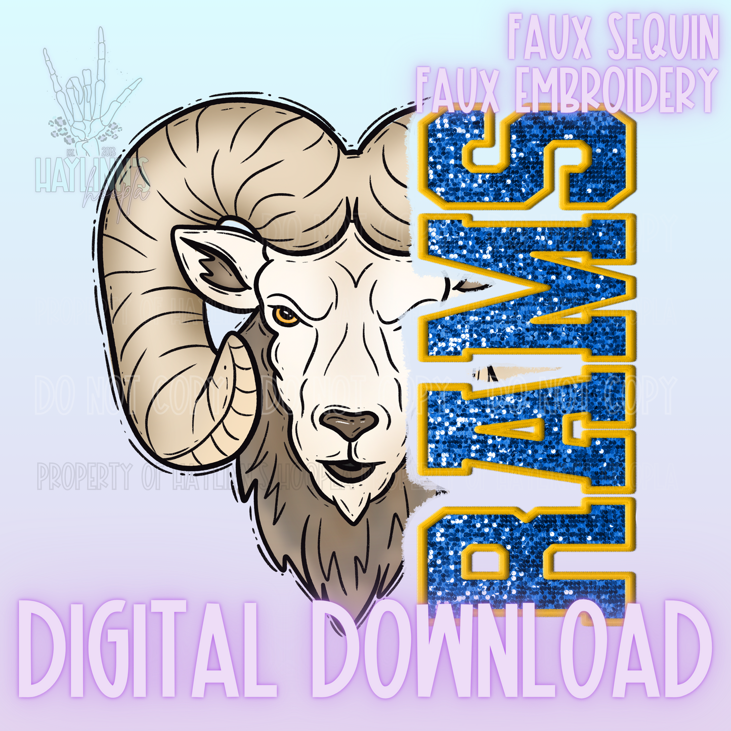 Trendy Faux Sequin/Embroidered RAMS Mascot DIGITAL DESIGN {blue/gold}