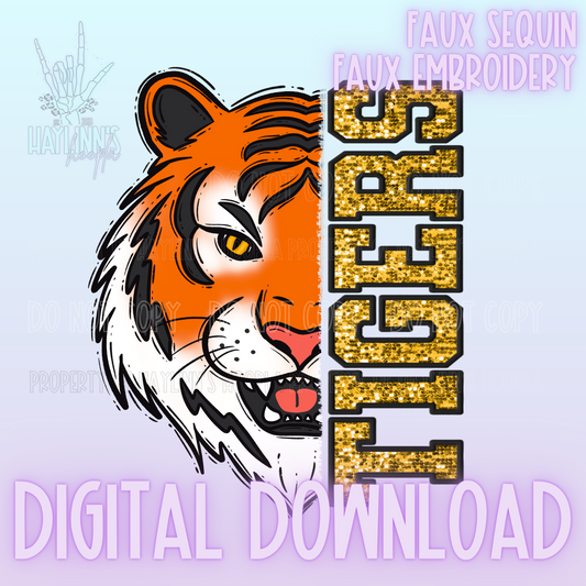 Trendy Faux Sequin/Embroidered TIGERS Mascot DIGITAL DESIGN {gold/black}