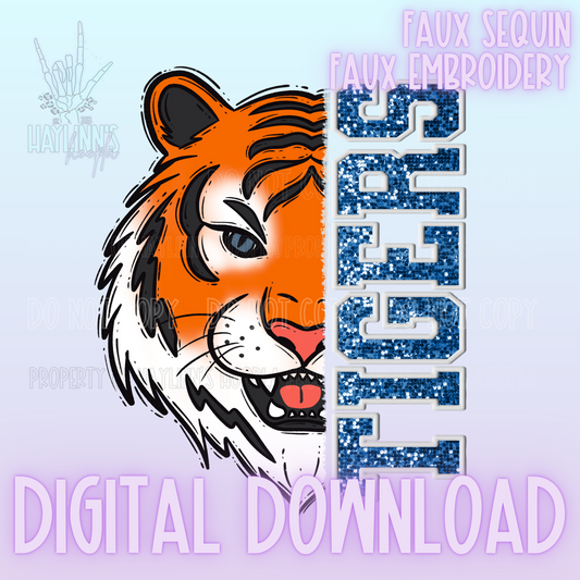 Trendy Faux Sequin/Embroidered TIGERS Mascot DIGITAL DESIGN {royal/white}