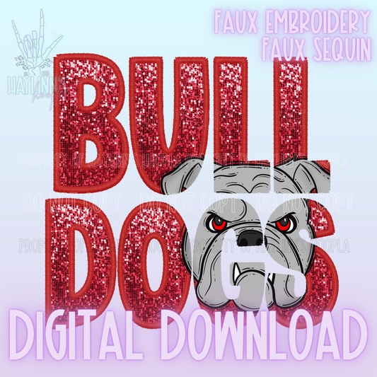 Knockout Faux Sequin/Embroidered BULLDOG Mascot DIGITAL DESIGN {red/black}