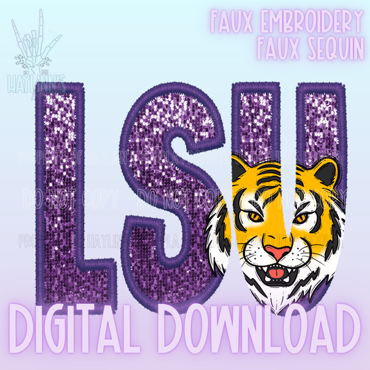 Knockout Faux Sequin/Embroidered LSU Mascot DIGITAL DESIGN {purple/gold}