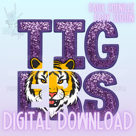 Knockout Faux Sequin/Embroidered TIGERS Mascot DIGITAL DESIGN {purple/gold}