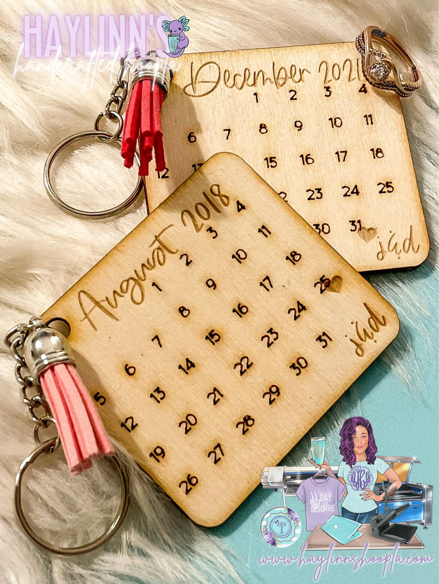 Personalized Calendar ENGRAVED Wood Keychains